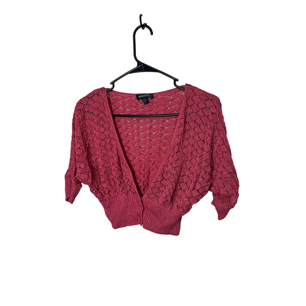 Bebe Cropped Knit Cardigan Sweater‎ Rhubarb Pink Dolman Sleeve Button Front M